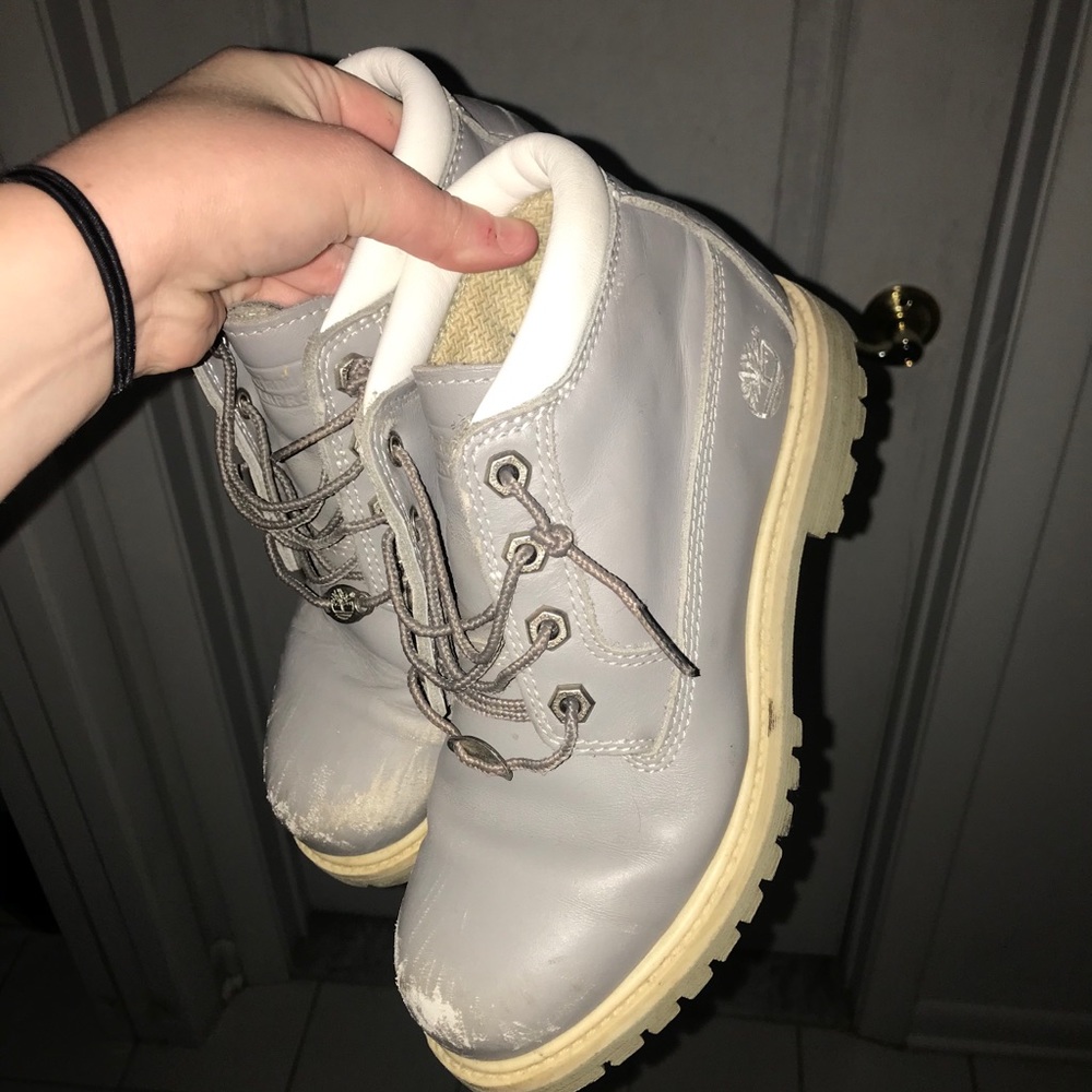 Grey and white leather timberland boots